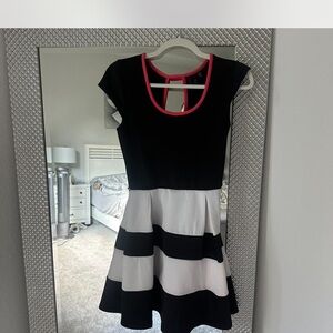 Black & White Striped Skater Dress with Pink Trim